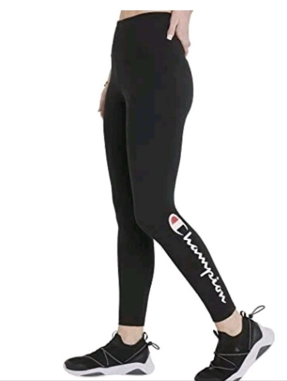 Champion High Waisted Black Logo Leggings with Side Script Size Small